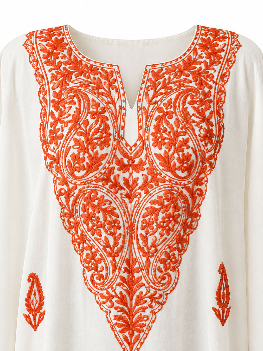 Ivory Grace Crepe Kaftan with Rust Bloom Aari Embroidery